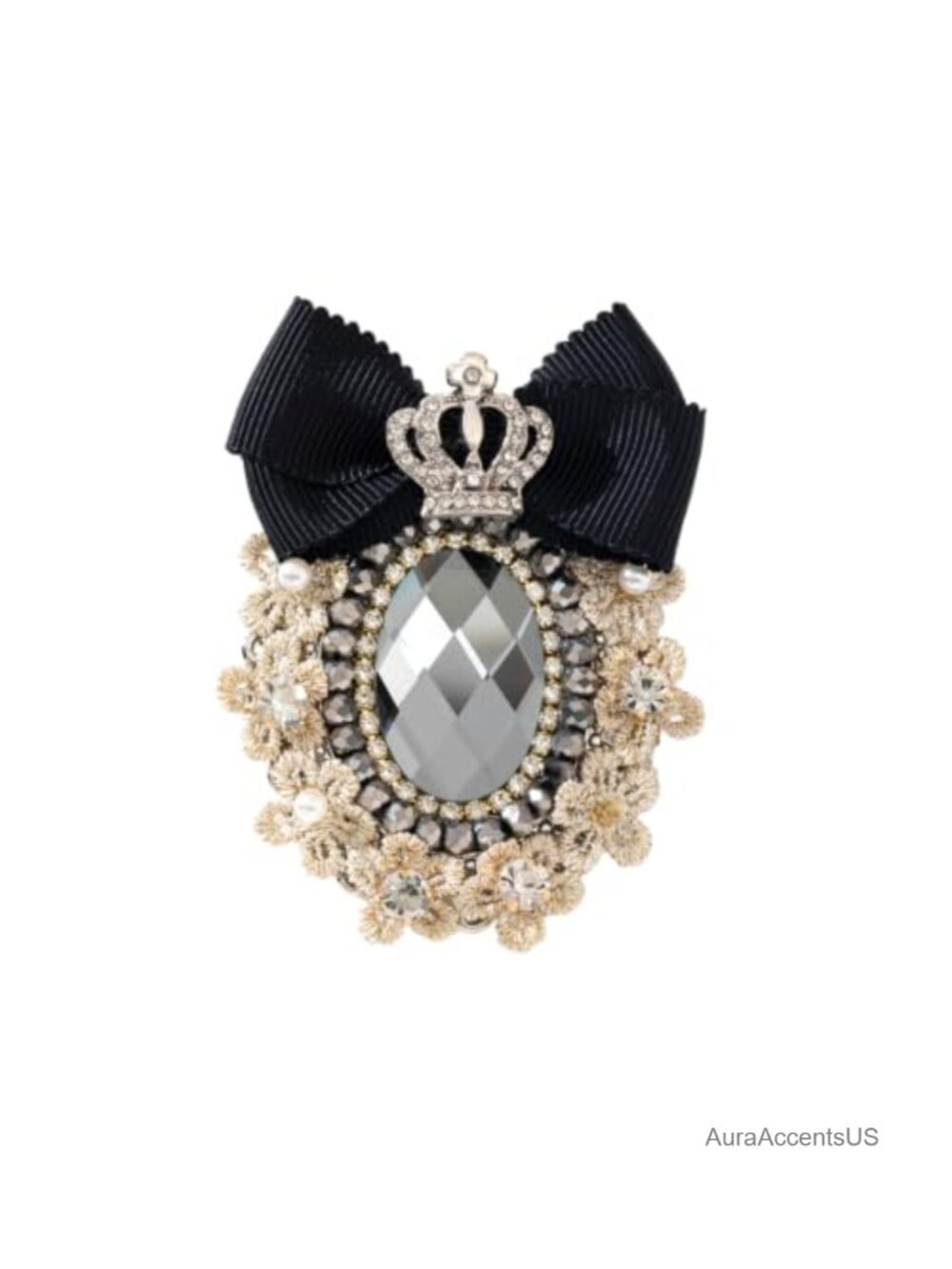 Vintage Black Bow Crown Brooch with Rhinestone Women's Pin